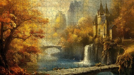 Autumn Castle Waterfall Jigsaw Puzzle