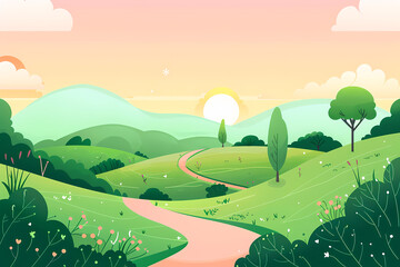 cartoon, nature, grass, road, illustration