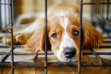 dog in cage at dog hotel 