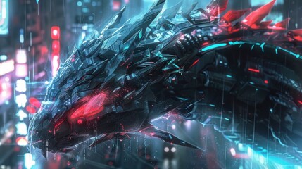 Monster cyborg dragon resides in a mysterious cyberpunk city AI generated image
