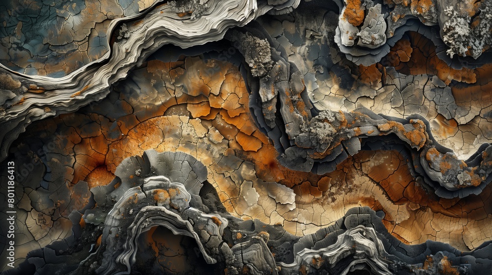 Poster gnarled ancient tree bark patterns in a palette of earth tones offer an abstract perspective from a 