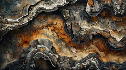 Gnarled ancient tree bark patterns in a palette of earth tones offer an abstract perspective from a woodland scene photorealism 