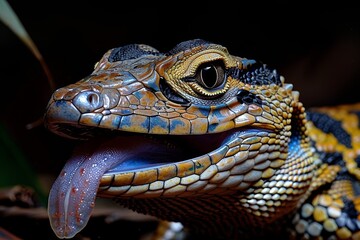 Fototapeta premium Blue-tongued Lizard: Displaying blue tongue while basking in sunlight, showcasing unique feature.
