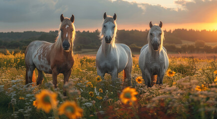 Three horses eating grass. Peace and serenity. Generative AI.