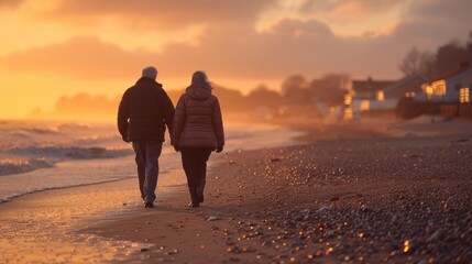 Fototapeta premium Elderly Couple Enjoying Beach Walk at Sunset