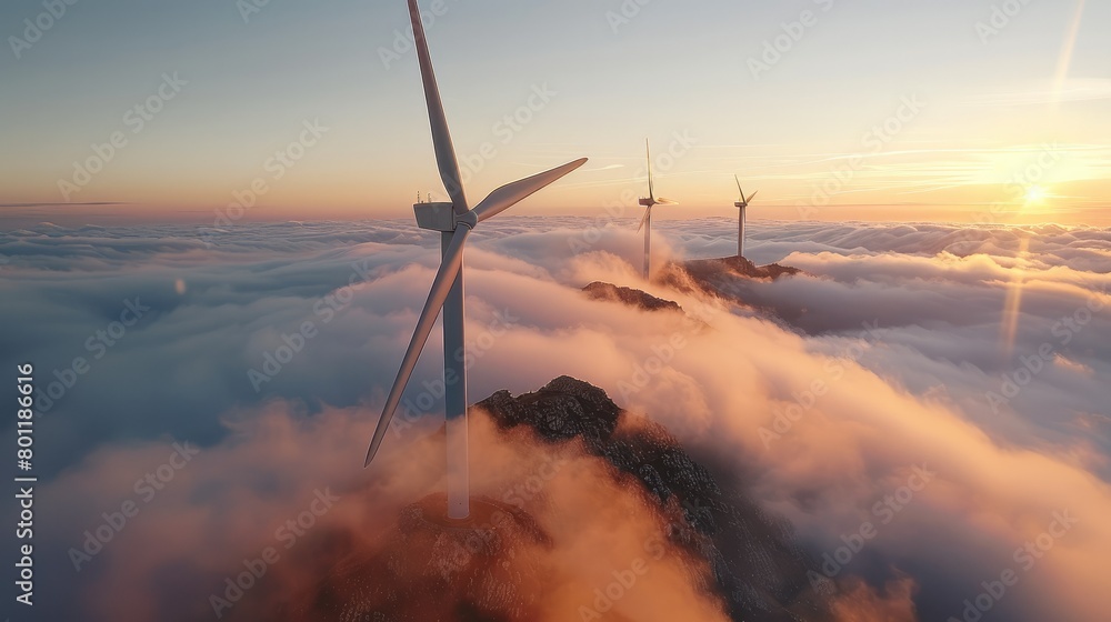Poster close-up of wind turbines emerging from the clouds, sunset. generative ai.