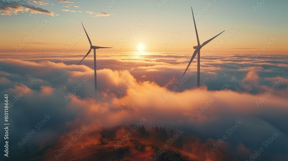 Poster close-up of wind turbines emerging from the clouds, sunset. generative ai.