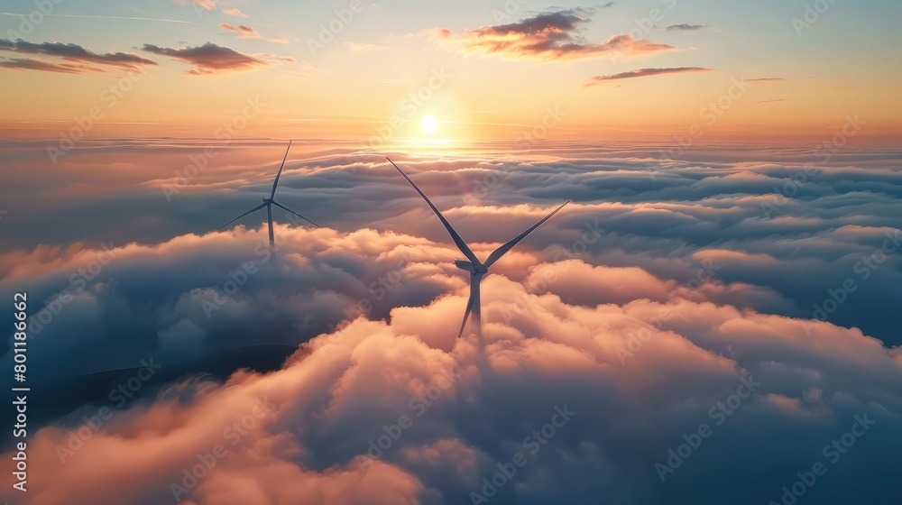 Poster close-up of wind turbines emerging from the clouds, sunset. generative ai.
