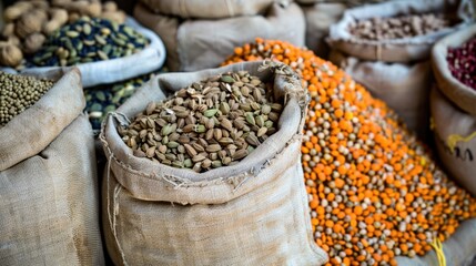Obraz premium Assorted legumes in burlap sacks at a market. Close-up food photography.