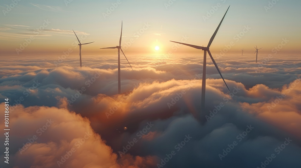 Aufkleber close-up of wind turbines emerging from the clouds, sunset. generative ai.