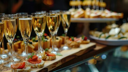 Fototapeta premium Champagne flutes and appetizers on a reflective surface.
