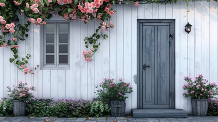 Charming Blue Front Door with Flourishing Pink Flowers