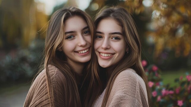 Twin sisters embracing in matching scarves. Outdoor winter portrait with bokeh lights. - Powered by Adobe