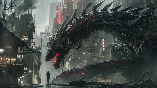 Monster cyborg dragon resides in a mysterious cyberpunk city AI generated image