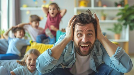Overwhelmed parent with noisy children in the background concept of managing kids during summer break 