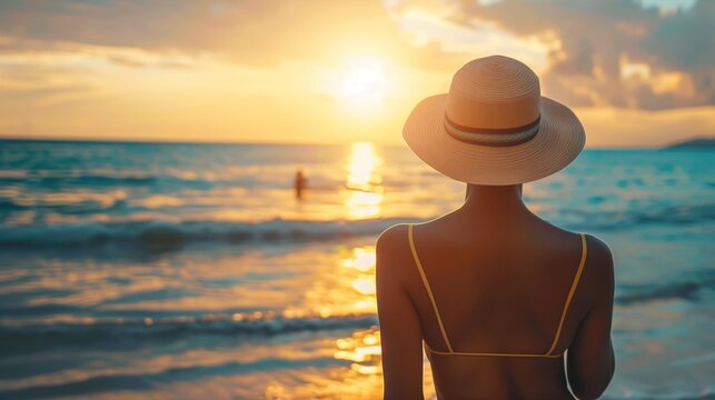 Person applying sunscreen on their back at the beach concept of skin care and UV protection 