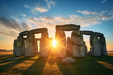Radiant sunrise illuminates Stonehenge during the Summer Solstice celebration casting long shadows and highlighting the ancient monolithic structures watercolor 