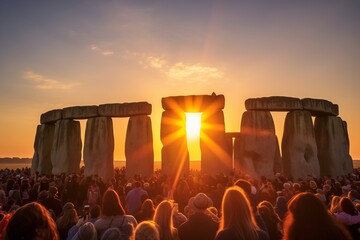 Radiant sunrise illuminates Stonehenge during the Summer Solstice celebration casting long shadows and highlighting the ancient monolithic structures 