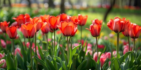 Fototapeta premium Red tulips growing in a park