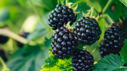 A cluster of ripe blackberries on the vine, with glossy black skin and a hint of dew, against a backdrop of green leaves 