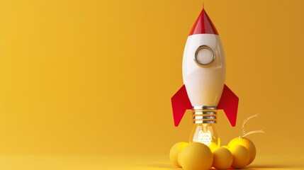 Rocket next to a light bulb, startup concept, idea and creativity, yellow background