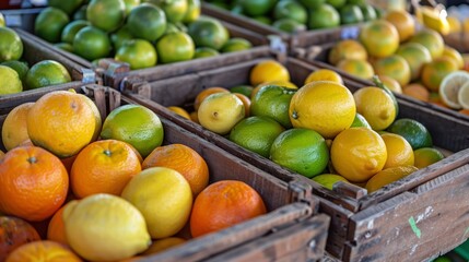 A colorful array of citrus fruits - oranges, lemons, and limes - arranged in a wooden crate at a farmer's market 
