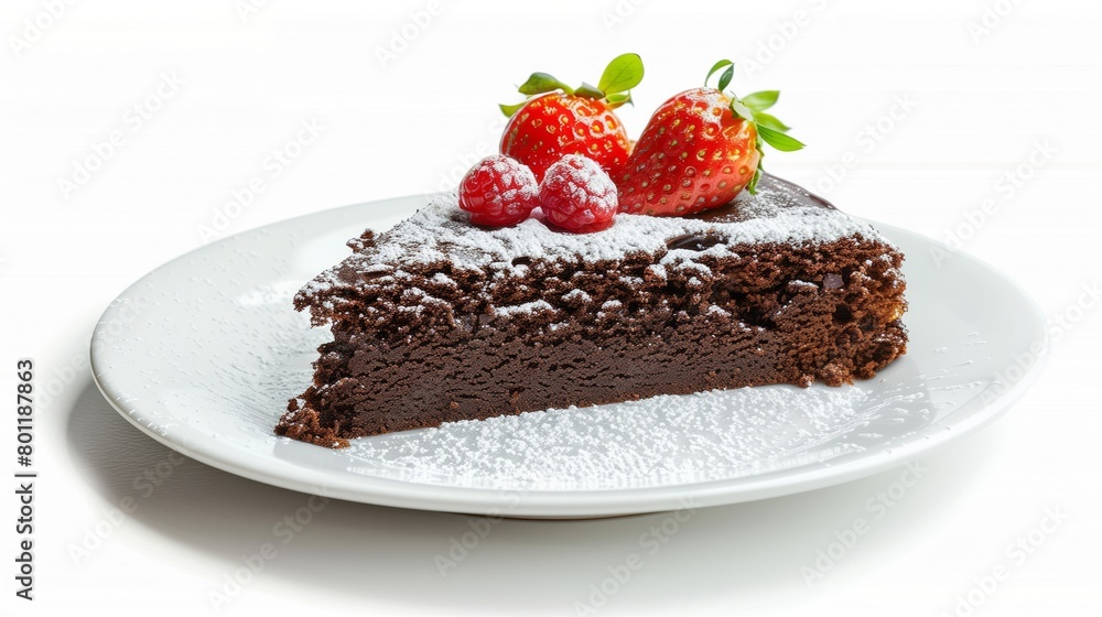 Canvas Prints A slice of decadent chocolate cake topped with fresh strawberries and a dusting of powdered sugar, on a white plate isolated on whie background 