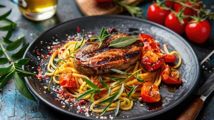 A plate of spaghetti with a grilled meat and vegetable