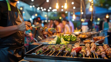Street vendor grilling skewered meats at night market. Bokeh lights and festive outdoor atmosphere.