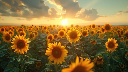 Fototapeta premium Sunset over sunflower field. Vibrant summer landscape with golden light.