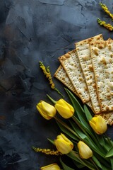Matzah bread flat lay with yellow tulips and mimosa flowers on a dark textured background.