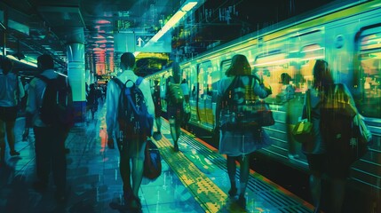  Commuter on an overcrowded train platform during a delay, frustration visible, cool tones with bright color highlights from ads 