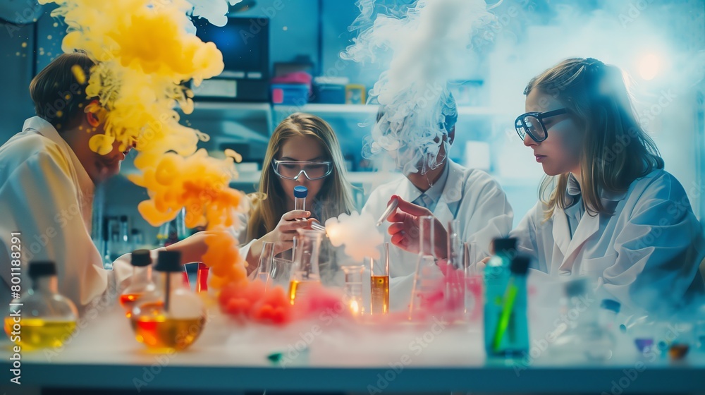 Poster high school students in a science lab dealing with an experiment gone wrong, smoke and colorful reac
