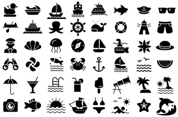 Collection of silhouette leisure icons related to summer, sea and fish