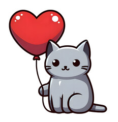 Adorable Cartoon Gray Cat With a Red Heart-Shaped Balloon