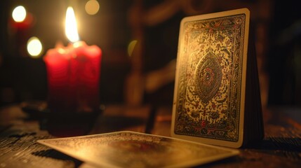 Tarot Cards and Red Candle on Dark Wooden Table. Candlelight mystical setting with copy space.
