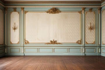 An 18th century French Rococo style salon with ornate white and gold paneling and parquet floors.