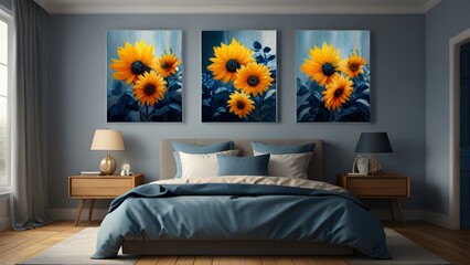 3 Wall Art Mockup, Interior Design of Bedroom Blue Theme, Bedroom Wall Art Mockup 2