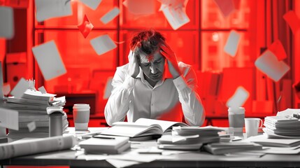 Naklejka premium Office worker at a desk surrounded by mountains of paperwork and multiple coffee cups, expressing stress, muted tones with bright red accents 