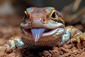 Blue-tongued Lizard: Displaying blue tongue while basking in sunlight, showcasing unique feature.