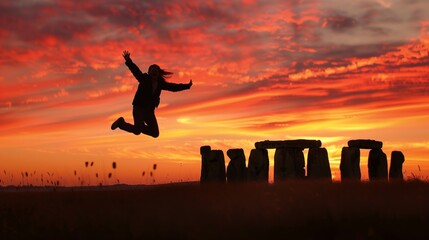 Summer solstice reveler joyfully leaps in front of Stonehenge silhouetted against the vibrant dusk sky creating a symbol of celebration 