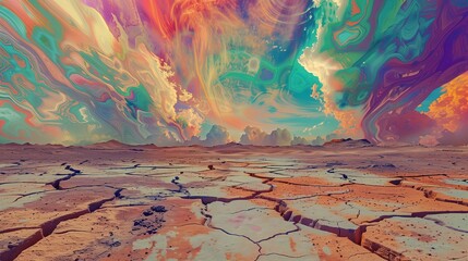 Surreal landscape showcases a parched desert floor dramatically cracked under a vividly psychedelic kaleidoscopic sky photostosk style 