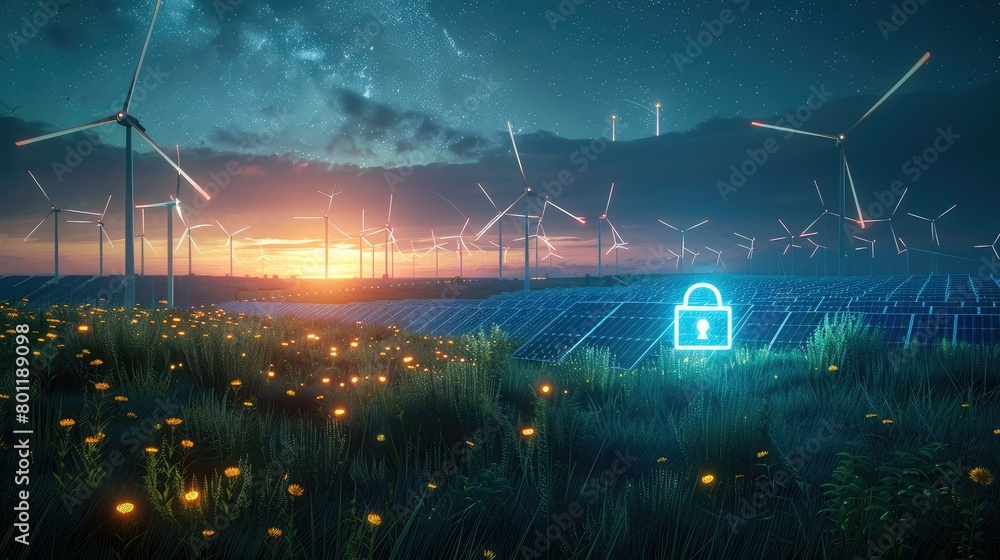 Aufkleber An empty grass field at night with solar panels and wind turbines with a blue 3d lock floating in the front center, unreal engine. Generative AI.