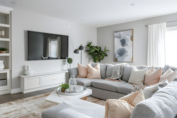 Tasteful Minimalism: Cozy Contemporary Living Room with Chic Grey & Blush Accents