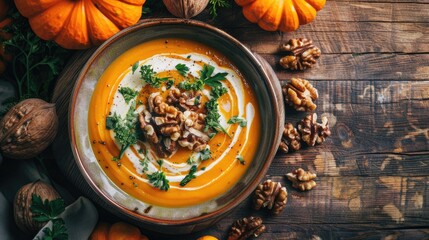 Pumpkin soup garnished with walnuts and herbs in a ceramic bowl surrounded by autumn decor.