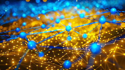 Neon blue networks over golden yellow, symbolizing the dawn of digital innovation.