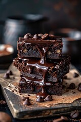 Stack of moist chocolate brownies with dripping chocolate sauce.