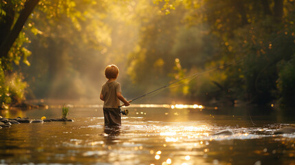 Little boy fishing on river