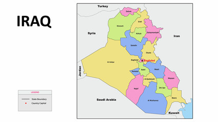 Iraq Map. State and district map of Iraq. Political map of Iraq with country capital.