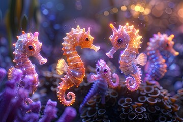 rainbow-colored seahorses swim among the corals, happy ocean day
